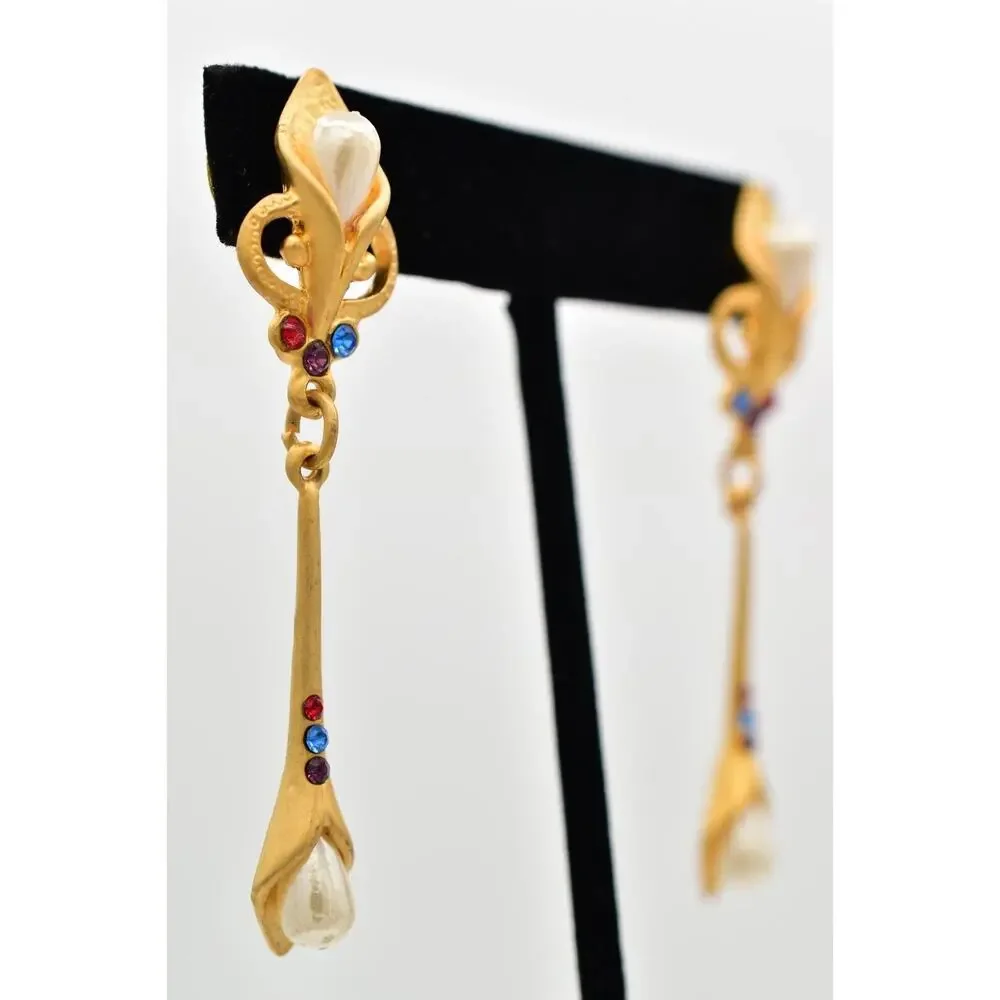 Vintage Pearl Crystal Dangle Earrings Drop Brushed Gold Matte NOS 1980s BinBK